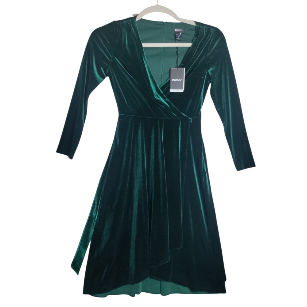 DKNY Womens Emerald Green Velvet Wrap‎ Long Sleeve Fit & Flare Dress Size 4